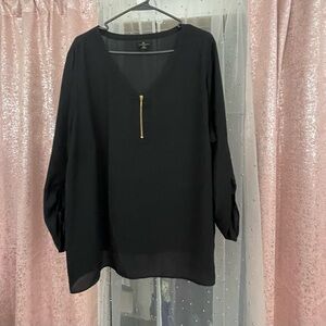 Worthington Plus Size Sheer Blouse | Front Zipper | 3/4 Ruched Tie Sleeves | 3X